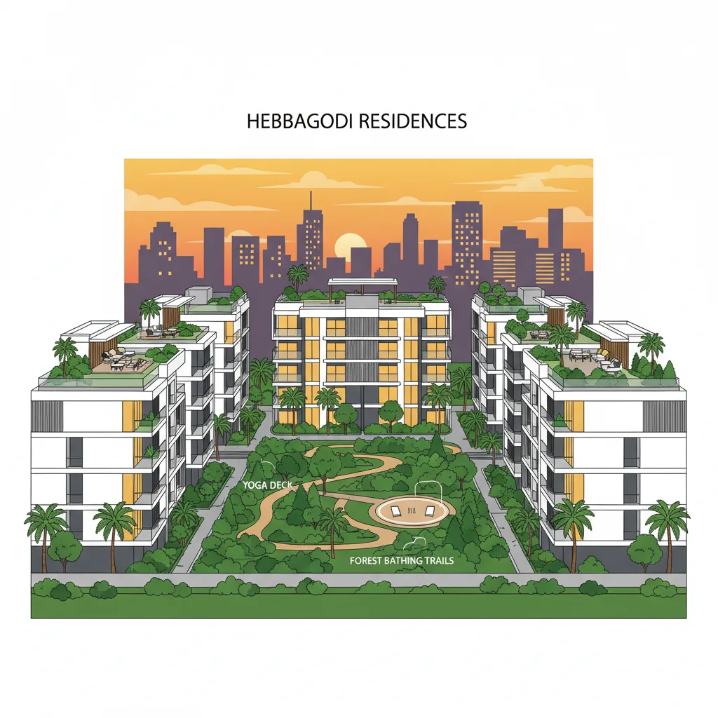 Modern luxury residential apartment complex in Hebbagodi Bangalore with lush green landscaping and contemporary architecture