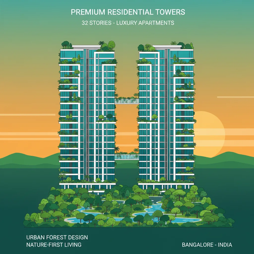 Modern luxury residential apartment towers in Bangalore with lush green landscaping and contemporary architecture