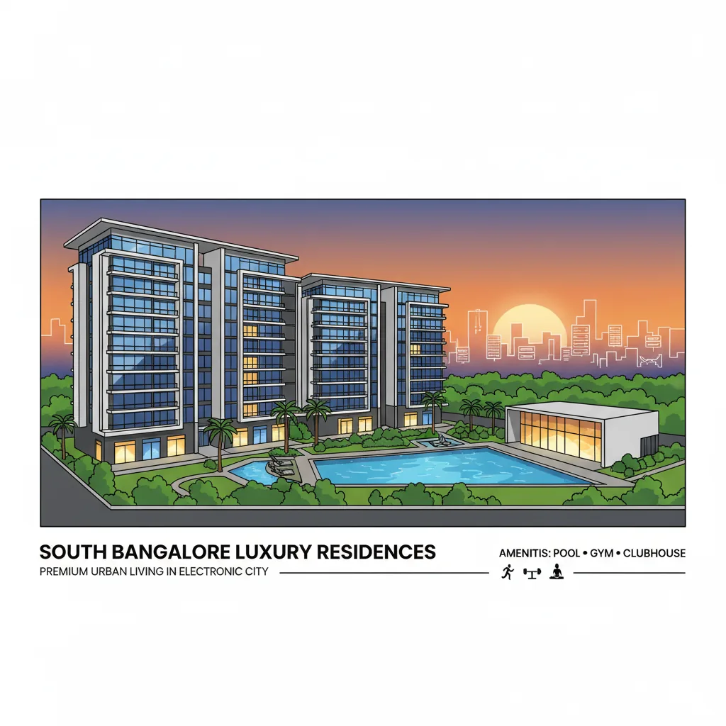 Modern luxury residential apartment towers in South Bangalore with glass facades, green landscaping, and premium amenities at Purva Silver Sky