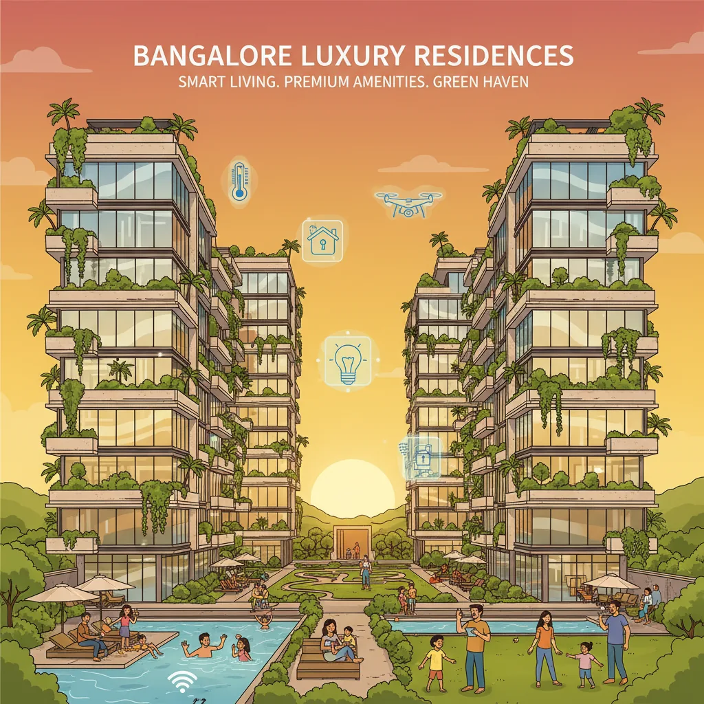 Modern luxury residential apartment towers in Bangalore with lush green landscaping, smart home technology elements, families enjoying amenities