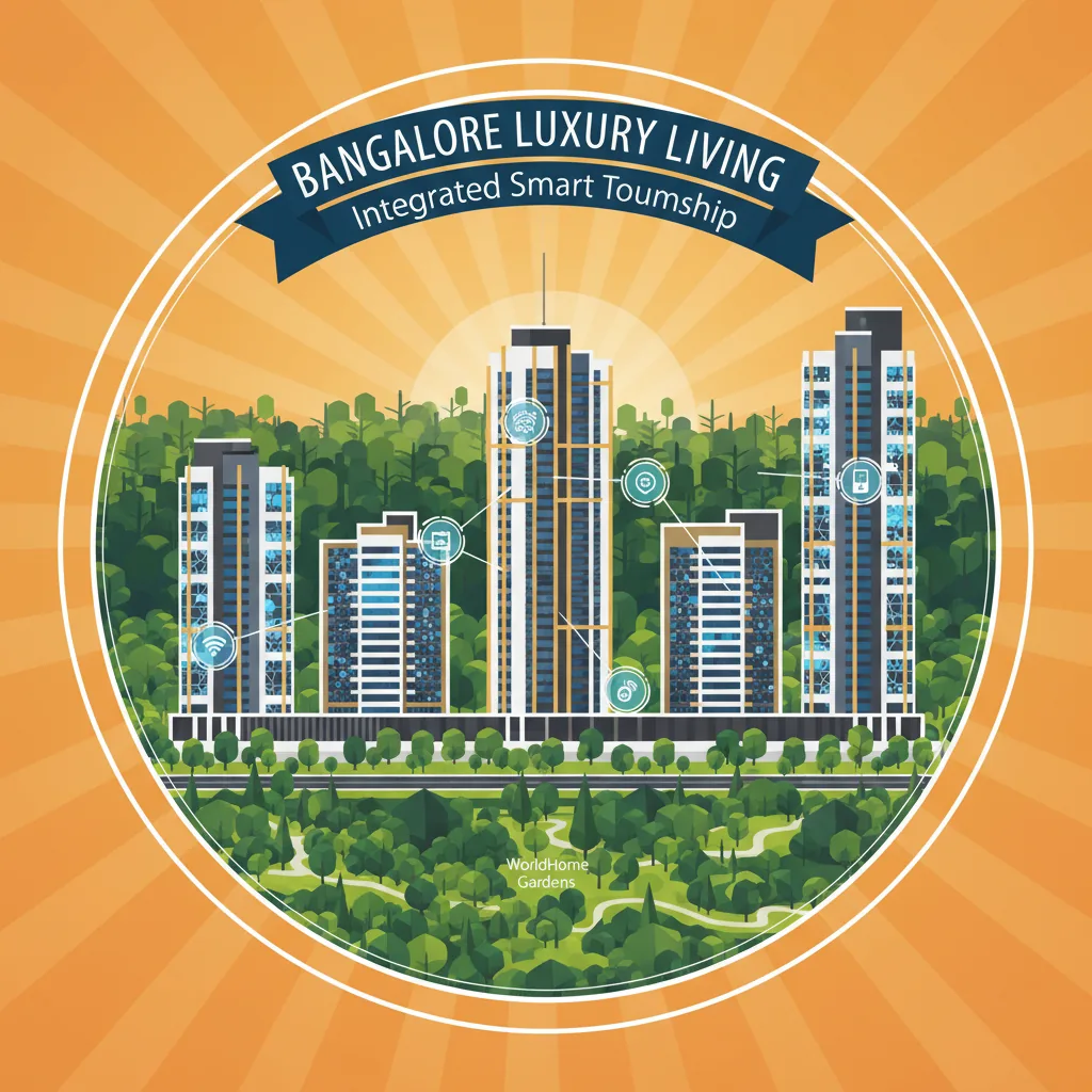 Modern luxury residential skyline of Bangalore with premium high-rise apartments, WorldHome concept architecture, and lush green landscapes