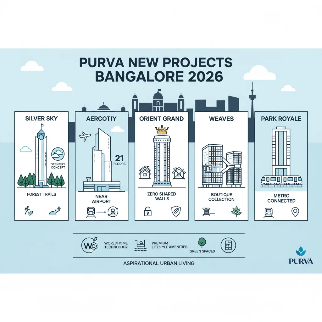 Purva New Projects in Bangalore - Modern luxury residential real estate infographic featuring five premium apartment towers