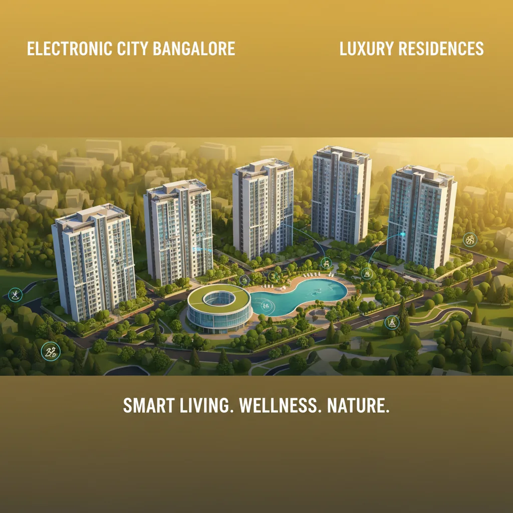 Modern luxury residential apartment towers in Electronic City Bangalore, surrounded by lush green landscapes and open spaces