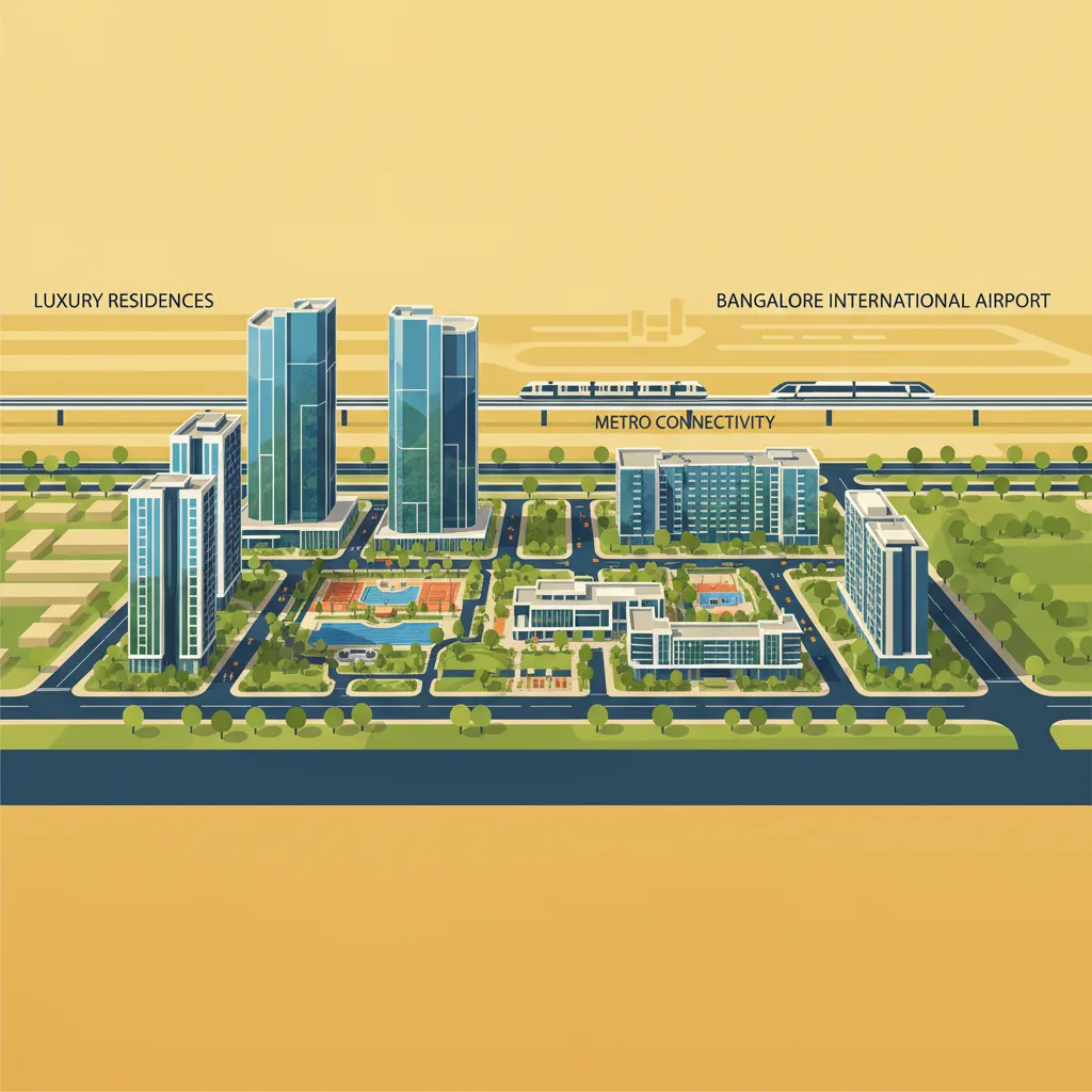Modern luxury residential township aerial view near Bangalore airport featuring contemporary apartment towers with glass facades and lush green landscaping