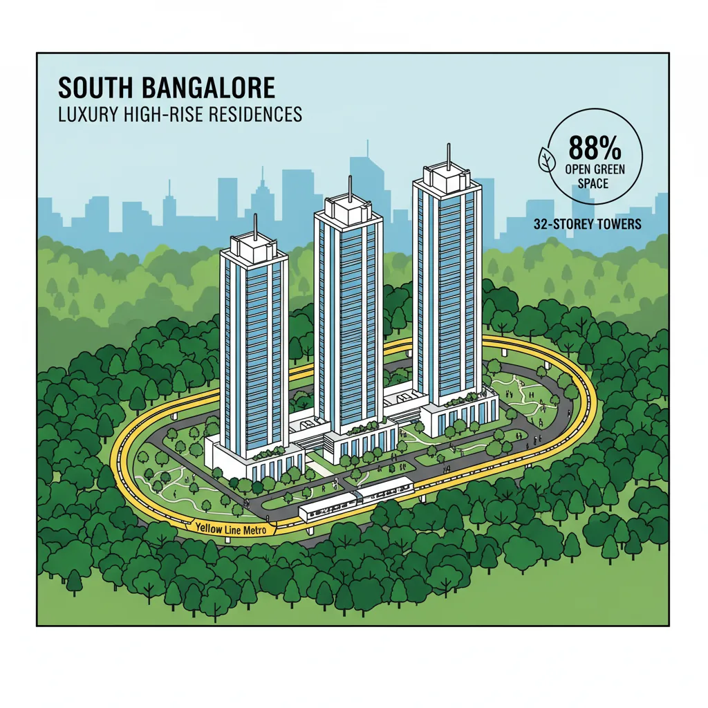 Modern luxury high-rise residential towers in South Bangalore with lush green parks and Yellow Line Metro connectivity