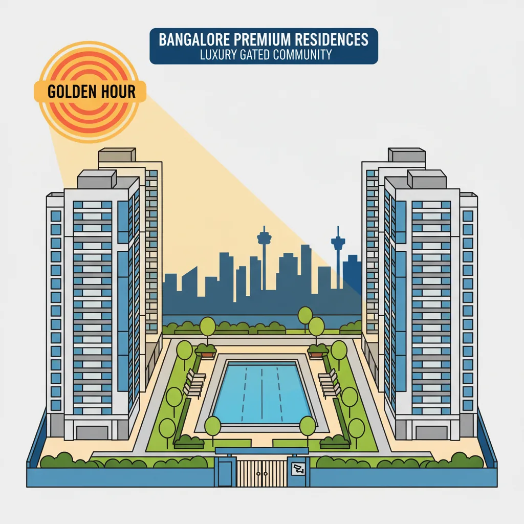 Modern residential apartment towers in Bangalore, premium real estate development with landscaped gardens and swimming pool