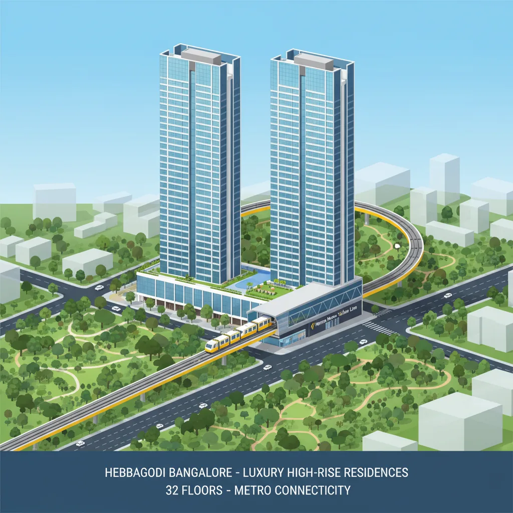 Modern luxury high-rise residential towers at Purva Silver Sky in Hebbagodi, Bangalore featuring 32-floor glass skyscrapers with landscaped parks and Yellow Line Metro connectivity