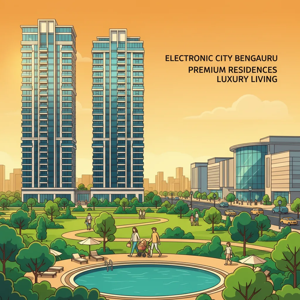 Modern luxury residential apartment towers with glass facades surrounded by lush green open spaces in Electronic City Bengaluru with shopping malls in the background
