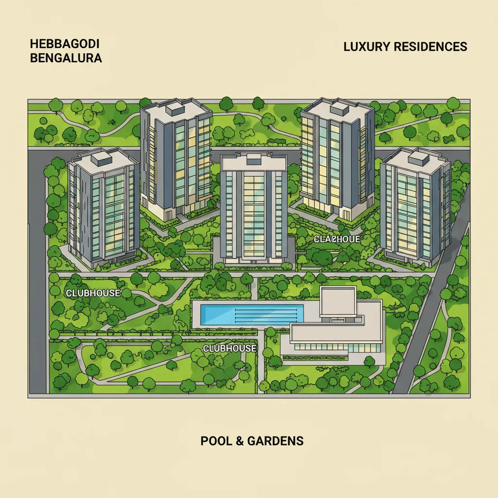 Aerial view of Purvankara luxury apartments in Hebbagodi showing modern high-rise buildings surrounded by lush green landscaped gardens with swimming pool and clubhouse visible