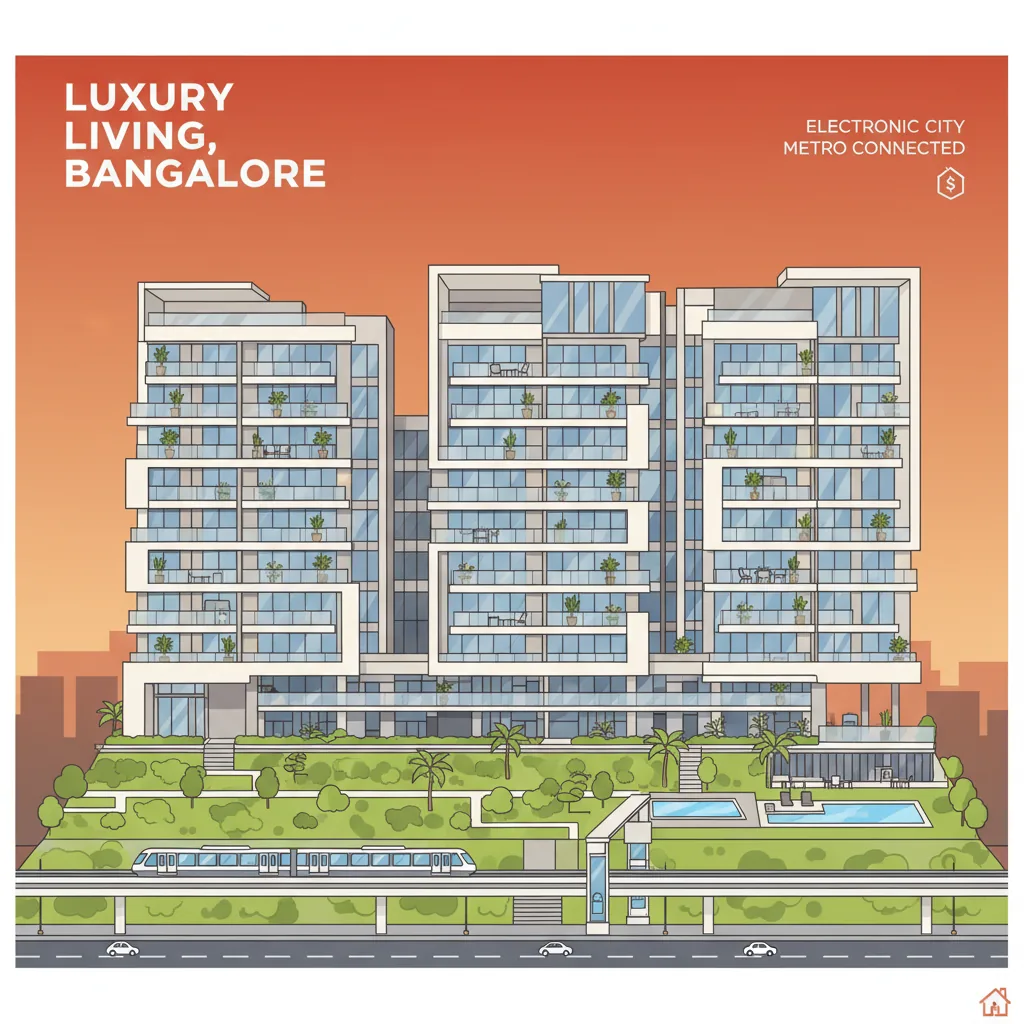 Modern luxury residential apartment complex in Electronic City Bangalore, featuring sleek contemporary architecture with glass facades, lush green landscaping, spacious balconies, evening lighting, aerial view showing metro connectivity nearby, premium lifestyle visualization, warm sunset tones, professional real estate photography style