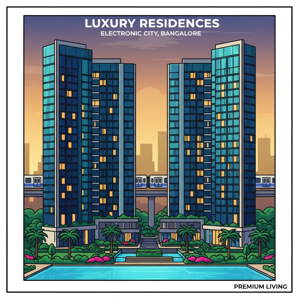 Purvankara luxury high-rise residential towers at dusk in Electronic City Bangalore with landscaped gardens and metro connectivity