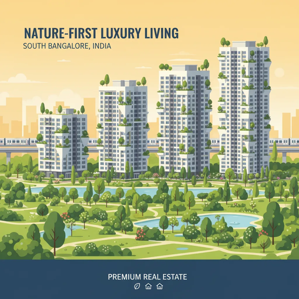 Modern residential high-rise apartment towers surrounded by lush green parks in South Bangalore, nature-first luxury living