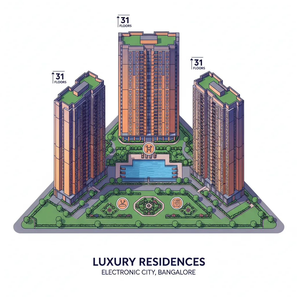Modern luxury residential apartment towers in Electronic City Bangalore with lush green open spaces, wellness amenities, swimming pool, landscaped gardens, contemporary architecture with glass facades, sunset lighting, aerial view showing 3 towers with 31 floors each, premium real estate visualization, photorealistic style