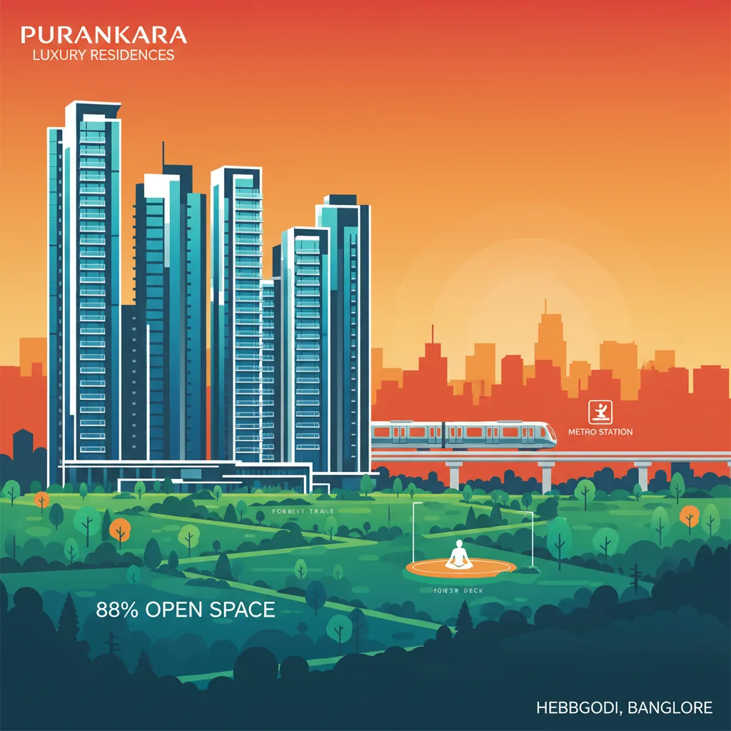 Modern luxury residential apartment towers in Hebbagodi Bangalore featuring Puravankara's Purva Silver Sky development with lush gardens and metro connectivity