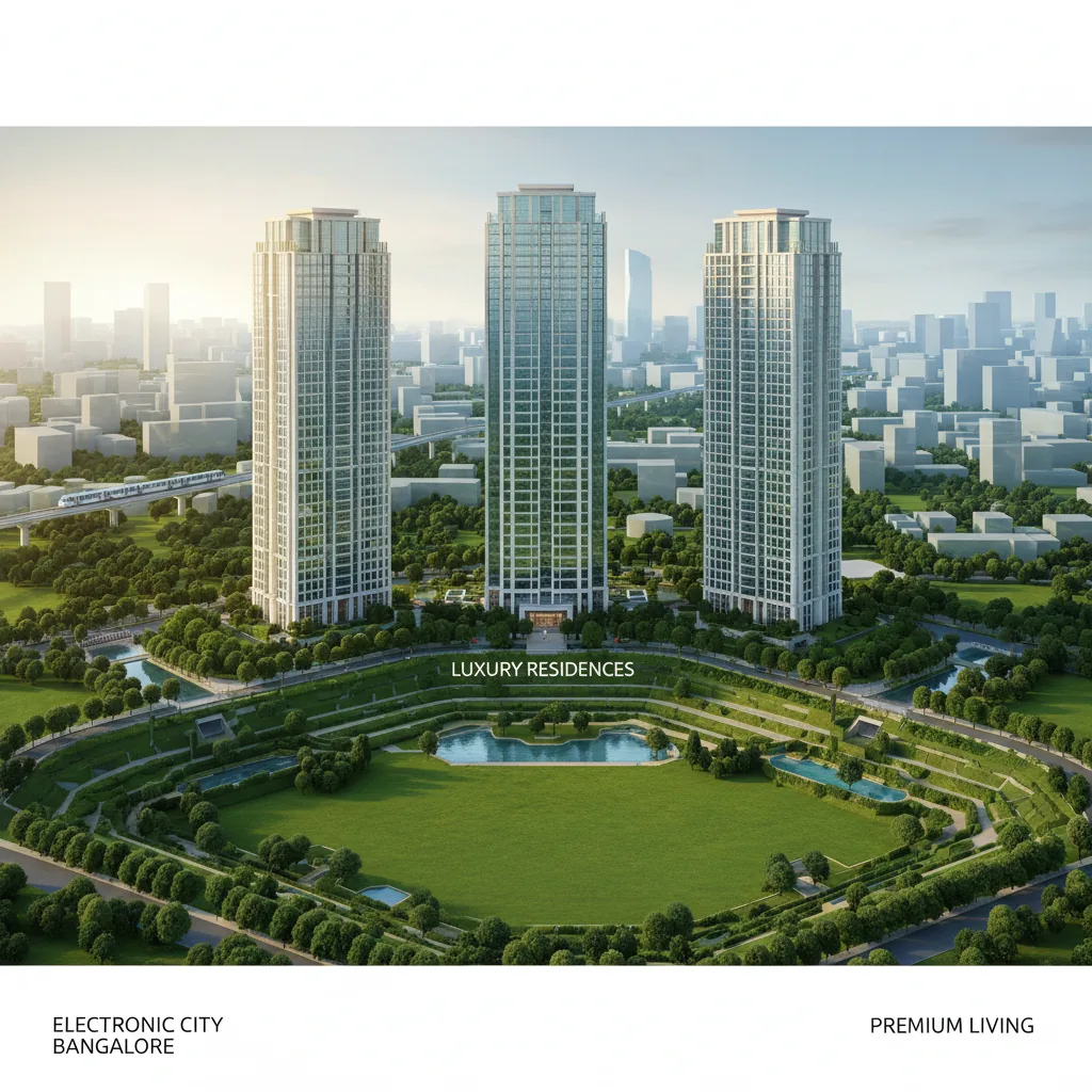 Modern luxury residential towers at Purva Silver Sky near Electronic City Toll Plaza with landscaped gardens and city skyline
