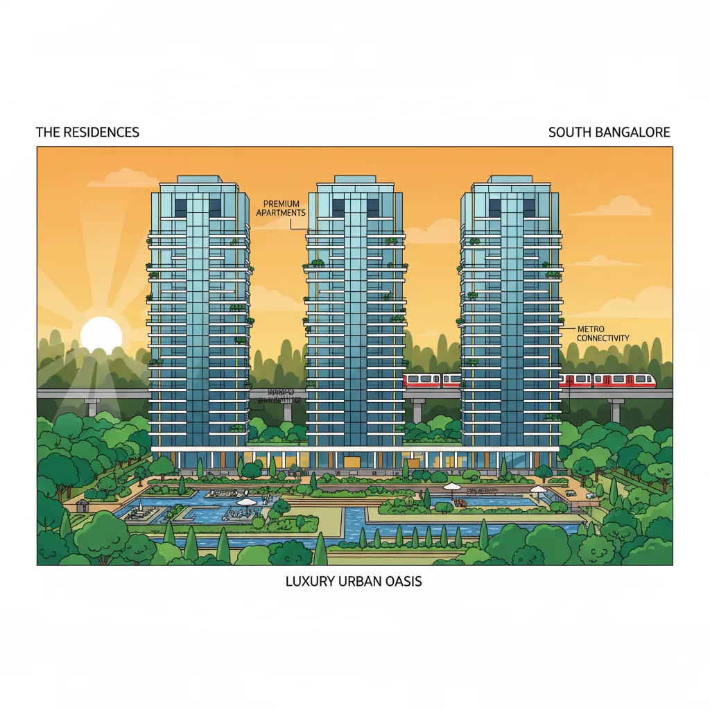 Modern luxury residential high-rise development in South Bangalore at golden hour with glass towers, lush greenery, and metro infrastructure