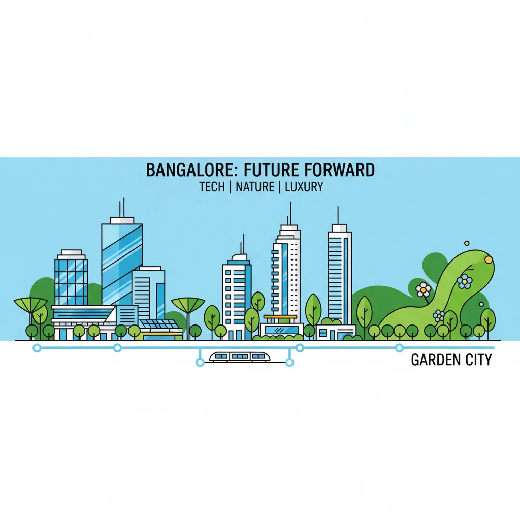 Bangalore cityscape blending technology and nature with tech parks, green spaces, metro connectivity and luxury residential towers