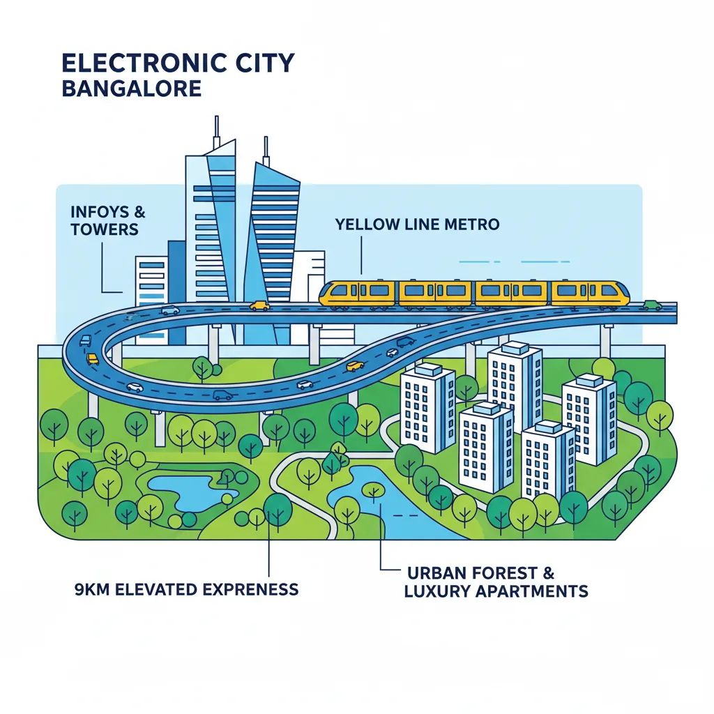 Modern infographic-style illustration of Electronic City Bangalore showing tech skyline with Infosys and Wipro towers, 9km elevated expressway flyover, Yellow Line Metro train, surrounded by lush green urban forest residential area with luxury apartments, clean geometric design with blue and green color palette, professional real estate visual style