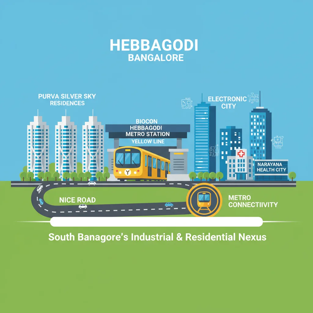 Hebbagodi Bangalore infographic showing metro connectivity, Electronic City tech parks, Narayana Health City, and Purva Silver Sky residential towers
