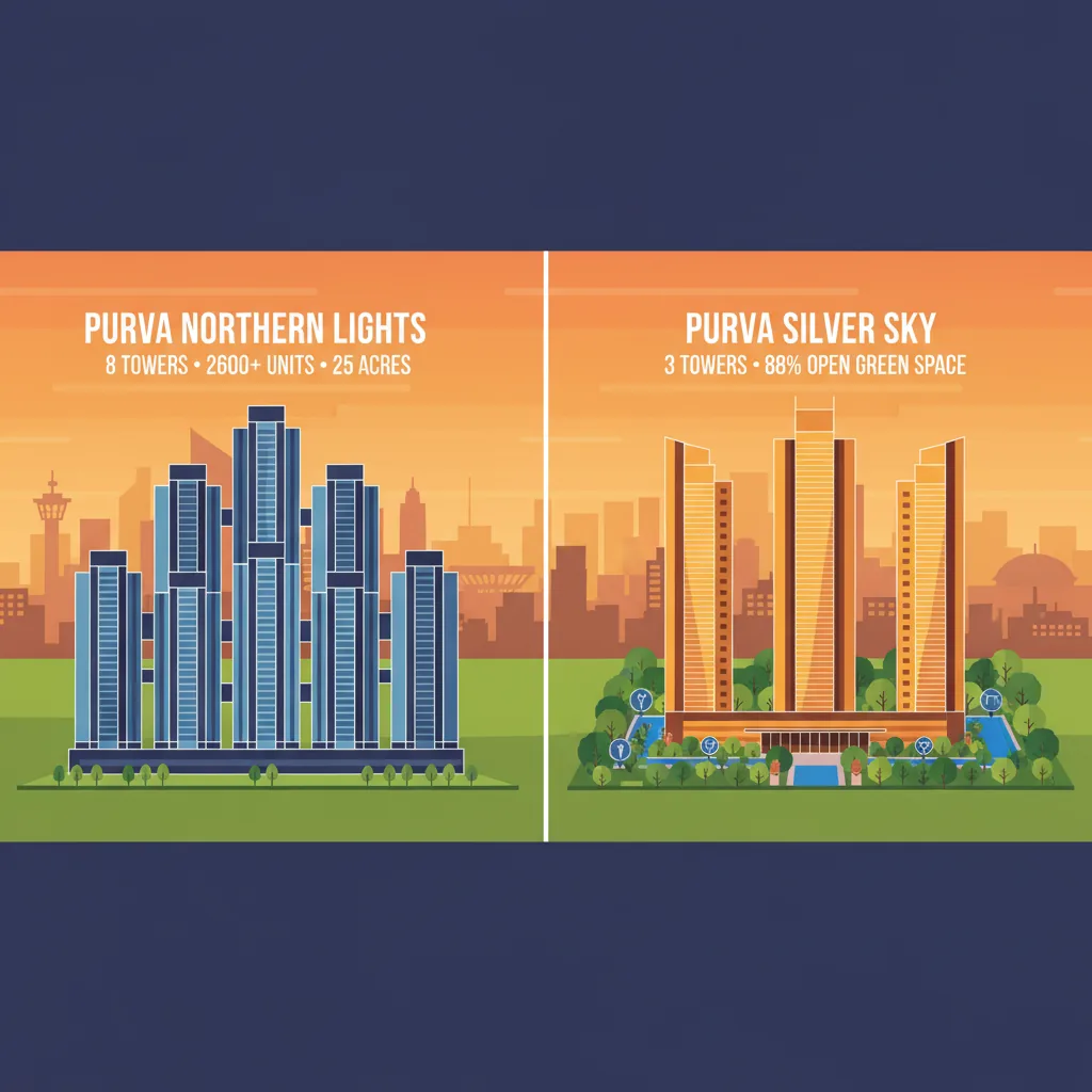 Modern architectural comparison of Purva Northern Lights township and Purva Silver Sky Sky Residence in Bangalore