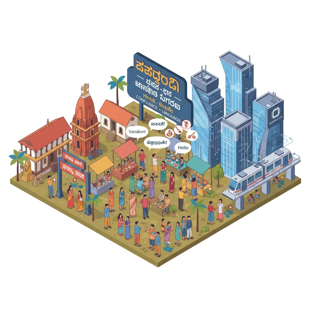 Infographic showing diverse multicultural neighborhood in Hebbagodi Bangalore with Kannada, Hindi, Tamil, Telugu, and English language symbols
