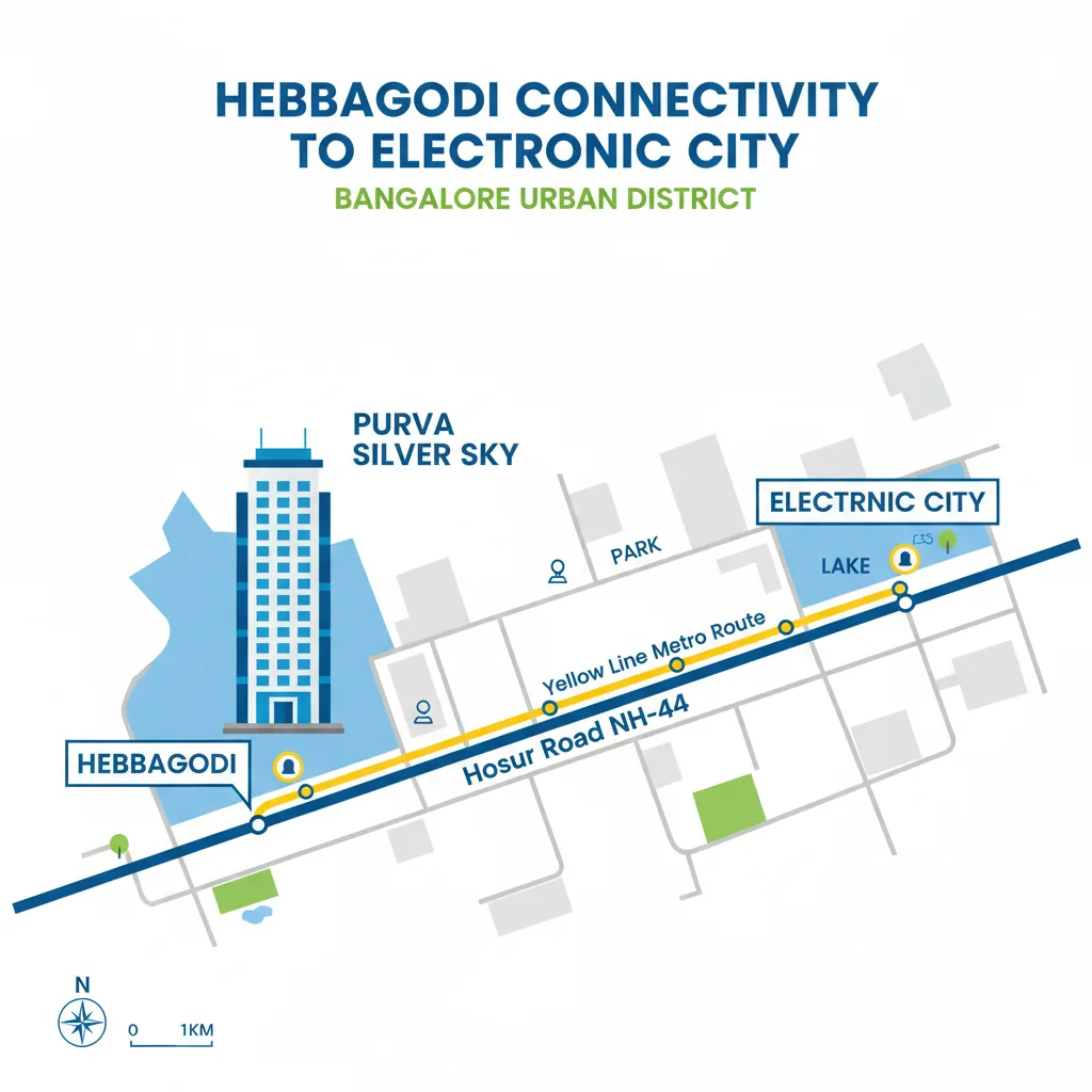 Hebbagodi Bangalore Urban district location map infographic showing connectivity via Hosur Road NH-44 and Yellow Line Metro with Purva Silver Sky tower