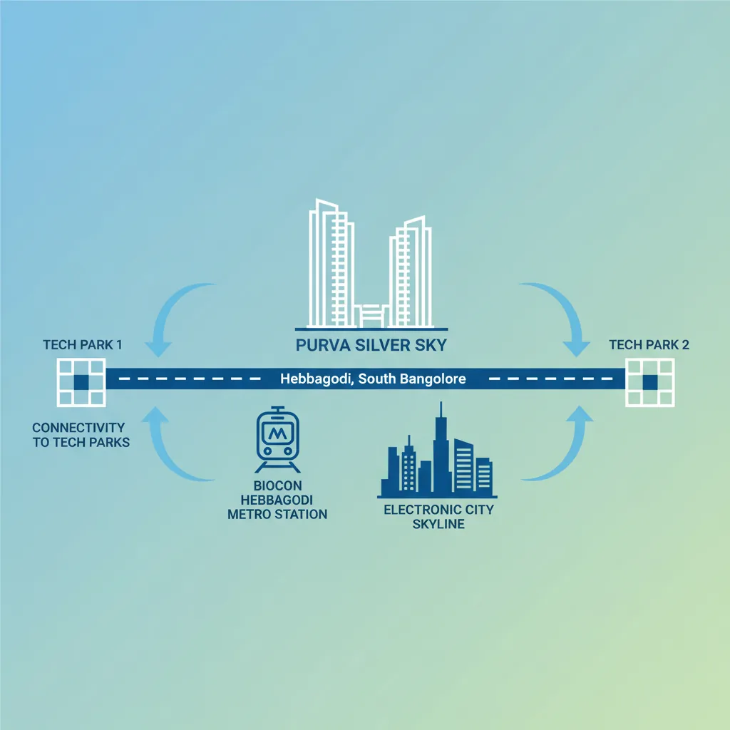 Infographic showing Hebbagodi location in South Bangalore with metro, Electronic City, and luxury residential towers