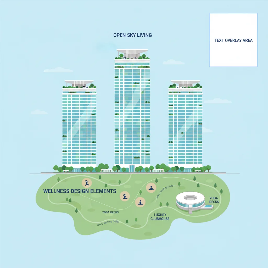 Modern architectural infographic showing three iconic high-rise residential towers with open sky living concept, lush green open spaces, and wellness design elements at Purva Silver Sky
