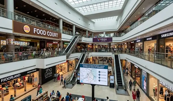 Families enjoying premium retail shopping and dining experiences at a vibrant mall located just a quick drive from the Purva Silversky residential project