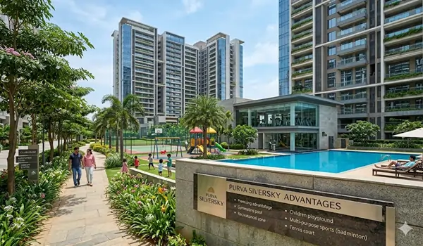 Purva Silversky Hebbagodi low density luxury apartments with 88 percent open sky living and 900 meters to Huskur Metro Station 2026.