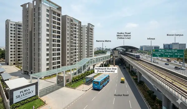 Purva Silversky Hebbagodi connectivity map showing 900 meters distance to Huskur Road Metro Station and access to Electronic City Phase 2 and NICE Road Bangalore 2026.