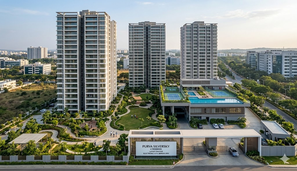 Purva Silversky Hebbagodi latest site photos 2026 showing high-rise tower structure progress and 88 percent open area development Bangalore.